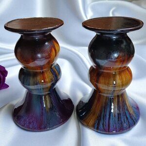 Vintage Set of Two Flambé Ceramic Candle Holders Pair Purple Blue Orange Pillars